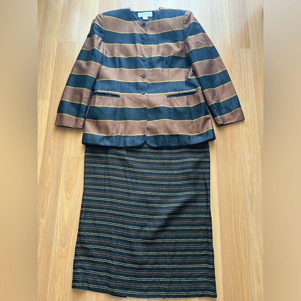 Jones New York Linen Cotton Jacket & Skirt Set Striped Sizes 16 / 14